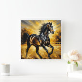 黄金の走夕焼けの中の黒馬の水 スクエア壁時計 (ホーム)