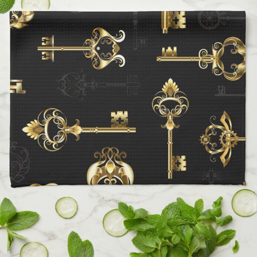 黄金の鍵でシームレスなパターン キッチンタオル (折り畳み)