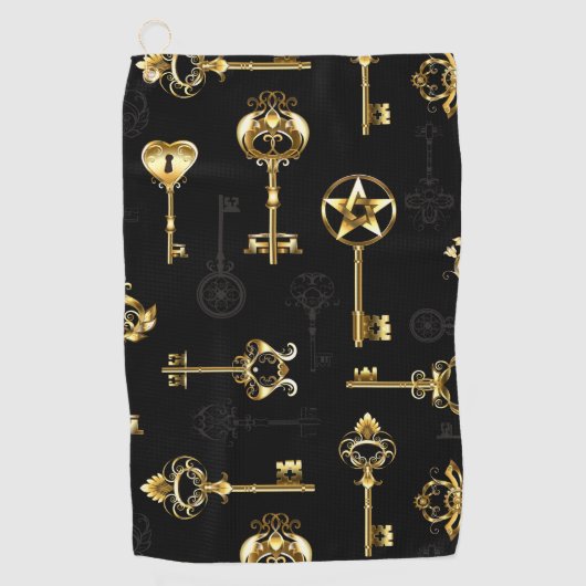 黄金の鍵でシームレスなパターン ゴルフタオル (正面)