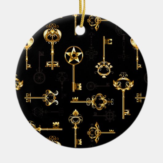 黄金の鍵でシームレスなパターン セラミックオーナメント (正面)