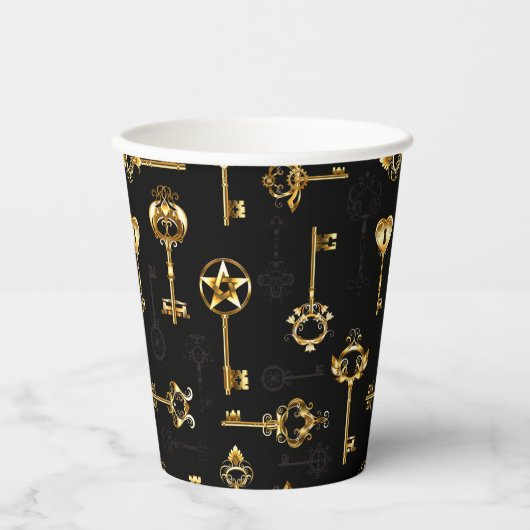 黄金の鍵でシームレスなパターン 紙コップ (正面)
