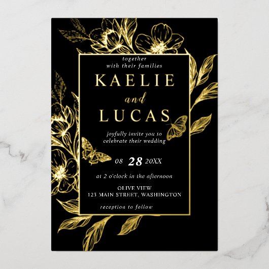 黄金の開花 |ブラック結婚ズ 箔招待状 (正面)