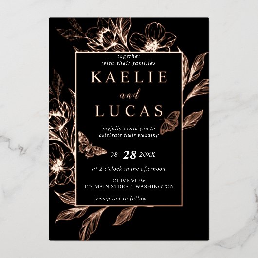黄金の開花 |ブラック結婚ズ 箔招待状 (正面)