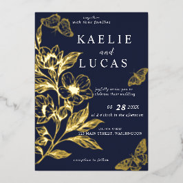 黄金の開花 | ロマンチック結婚海軍 箔招待状