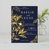 黄金の開花 | ロマンチック結婚海軍 箔招待状 (立ち正面)