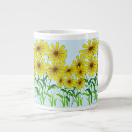黄金の開花:黄色の花と緑の草芸術 ジャンボコーヒーマグカップ