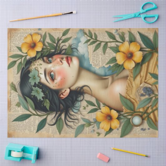 黄金の開花 – 黄色の花を持つ女性のデコページ 薄葉紙 (クラフト)