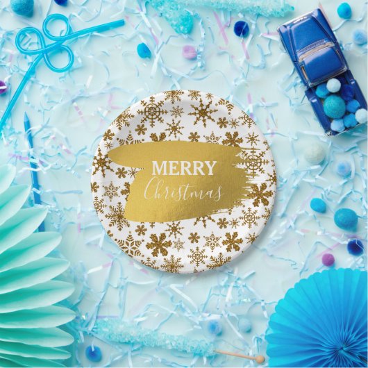 黄金の雪きらめくの結晶メリークリスマス ペーパープレート (パーティー)