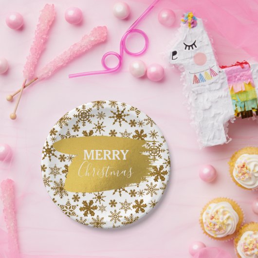 黄金の雪きらめくの結晶メリークリスマス ペーパープレート (パーティー)