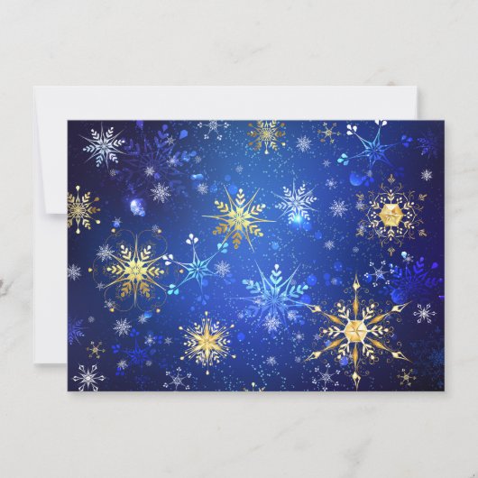 黄金の雪の結晶が付いた青いクリスマスの背景 カード (正面)