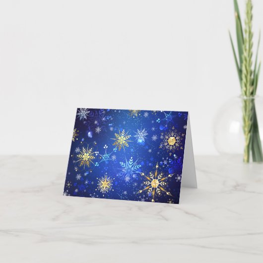 黄金の雪の結晶が付いた青いクリスマスの背景 招待状 (正面)