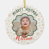 黄金の雪片フォトクリスマスネーム セラミックオーナメント (正面)