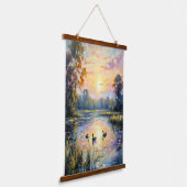 黄金の静けさと夕日の池風景とアヒル 吊り下げ型タペストリー (傾斜あり)