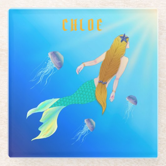 黄金の髪のガラスのコースターと美しい人魚 ガラスコースター (正面)