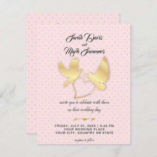 黄金の鳩と白鳥、黄金のハート結婚の 招待状 (正面/裏面)