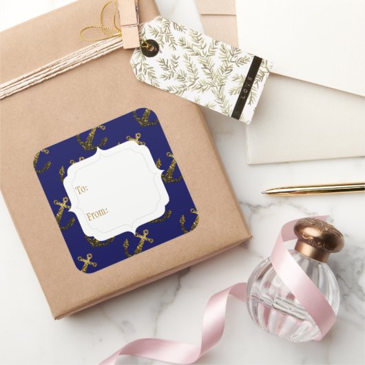 黄金ゴールドスパークルいかり |ネイビーブルーギフトラベル スクエアシール (ギフト)