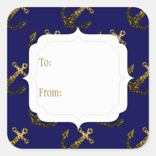 黄金ゴールドスパークルいかり |ネイビーブルーギフトラベル スクエアシール (正面)