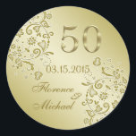 黄金フローラは50周年結婚を渦巻く ラウンドシール<br><div class="desc">フローラス葉ワーズとゴールデングラディエントの背景の結婚50thの周年記念ステッカー</div>