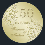 黄金フローラは50周年結婚を渦巻く ラウンドシール<br><div class="desc">フローラス葉ワーズとゴールデングラディエントの背景の結婚50thの周年記念ステッカー</div>