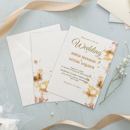 黄金モダン色フローラ結婚式招待状 招待状