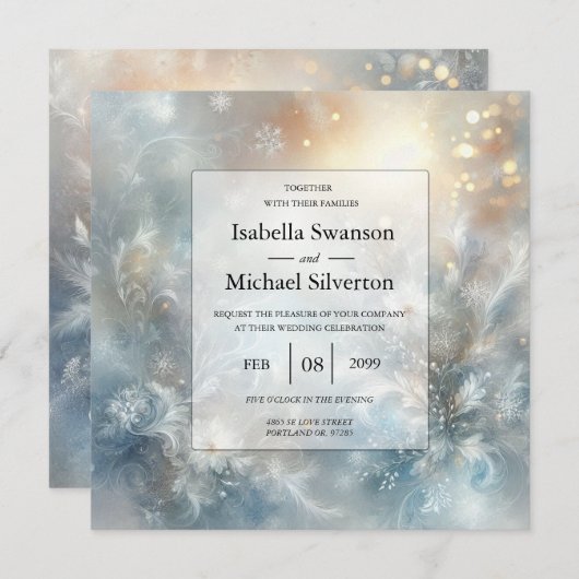 黄金凍っていの冬の霧の中の結婚花びら 招待状 (正面/裏面)
