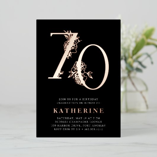 黄金時代 |第70回バースデーパーティーバラ金ゴールド 箔招待状 (立ち正面)