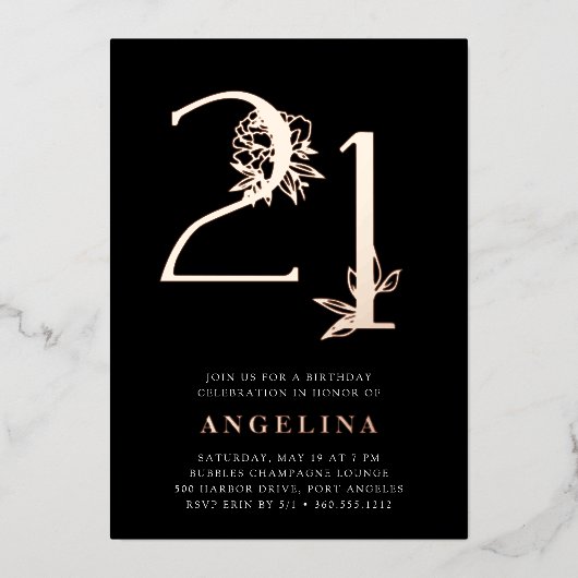 黄金時代 |誕生日パーティーバラ金ゴールド 箔招待状 (正面)