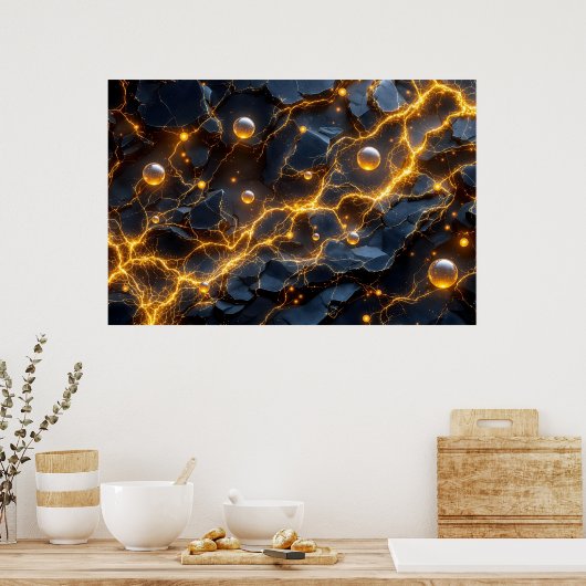 黄金稲妻付き電気エネルギー抽象芸術 ポスター (キッチン)