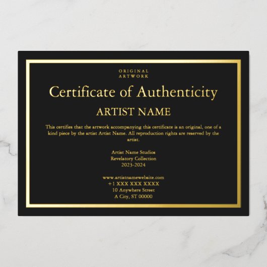 黄金箔黒信憑性アート証明書 箔招待状 (正面)