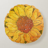 黄金素朴黄ひまわり水彩フローラ ラウンドクッション (正面)