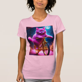 黄金自転車に乗るピンクの猫 Tシャツ