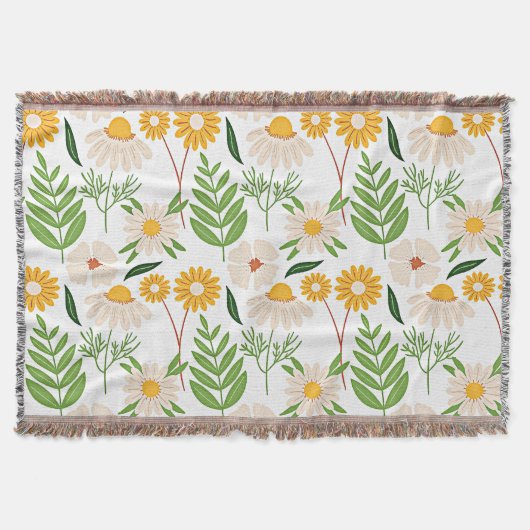 黄金色とアイボリー白の花柄 スローブランケット (正面)