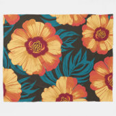 黄金色と赤の花とティール（緑がかった色）離れ フリースブランケット (正面(横))