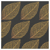 黄金色のスケルトンの葉のパターン（黒の上） ファブリック (クローズアップ)