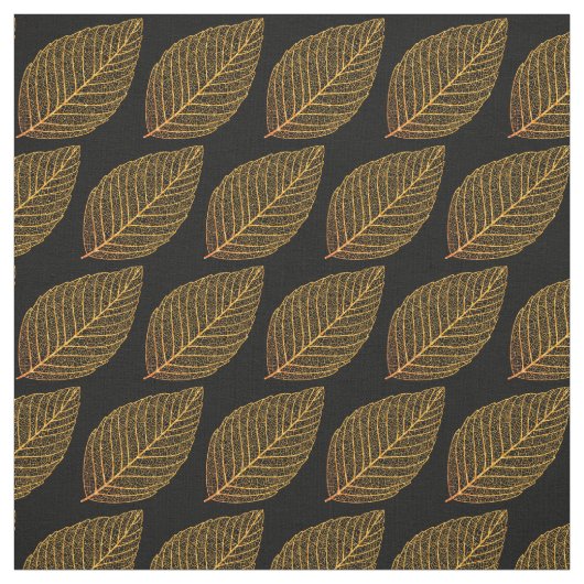 黄金色のスケルトンの葉のパターン（黒の上） ファブリック (見本)
