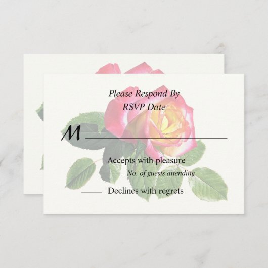 黄金色の中心を持つ赤いバラ 出欠カード (正面/裏面)