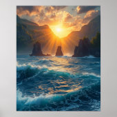 黄金色の海の夕日 山 海岸の自然 ポスター (正面)