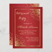 黄金色の渦巻く濃い赤のリタイアメントパーティー 招待状 (正面/裏面)