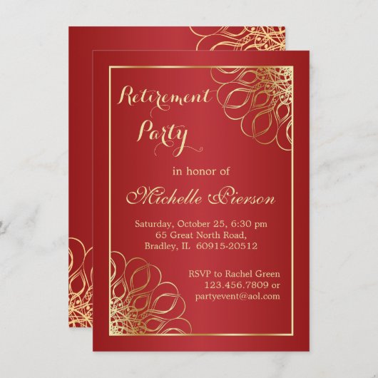 黄金色の渦巻く濃い赤のリタイアメントパーティー 招待状 (正面/裏面)