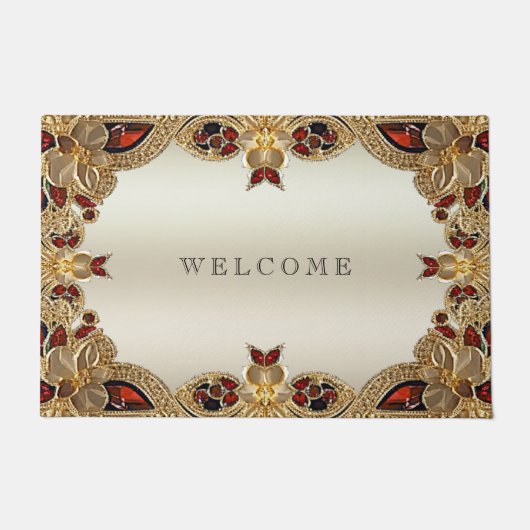 黄金色の花赤い宝石模様 ドアマット (正面)