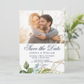 黄金色の葉の写真の日付の招待を保存 サンキューカード (スタンド正面)