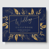 黄金色の葉 |エレガント金ゴールドネイビー結婚ブルー ゲストブック (正面)