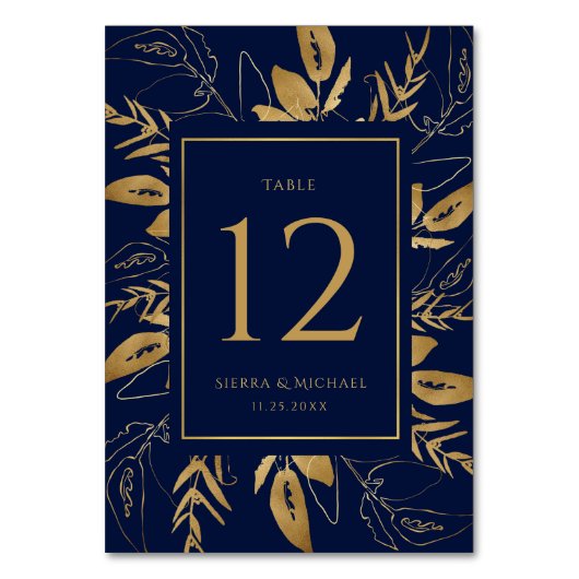 黄金色の葉 |エレガント金ゴールドネイビー結婚ブルー テーブルナンバー (正面)