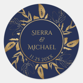 黄金色の葉 |エレガント金ゴールドネイビー結婚ブルー ラウンドシール