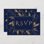 黄金色の葉 |エレガント金ゴールドネイビー結婚ブルー 出欠カード (正面/裏面)