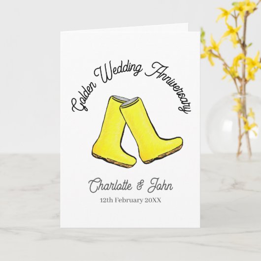 黄金50周年記念結婚黄色のウェルリーブーツ カード (黄色い花)