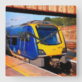 黄青の列車 スクエア壁時計 (正面)