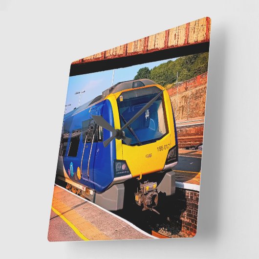 黄青の列車 スクエア壁時計 (傾斜)