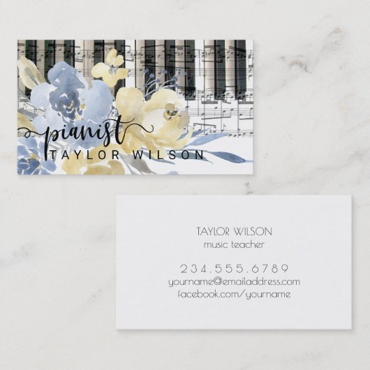 黄青の水色フローラピアニスト 名刺 (正面/裏面)