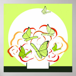 黄鮮やか緑の蝶とオレンジブーケ ポスター